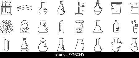 Jeu d'icônes de verrerie de laboratoire brisées. Scientifique dans une blouse de laboratoire analysant une variété de verrerie chimique cassée Illustration de Vecteur