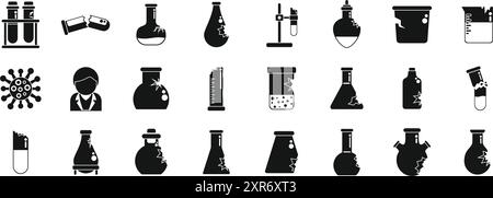 Jeu d'icônes de verrerie de laboratoire brisées. Scientifique travaillant avec des icônes de fiole chimique cassée et de tube à essai, verrerie de laboratoire, équipement, danger, expérience, recherche Illustration de Vecteur