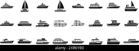 Ensemble d'icônes de bateau de voyage de luxe. Ensemble d'icônes noires et blanches montrant différents types de yachts et bateaux de luxe pour les voyages en mer et les loisirs Illustration de Vecteur