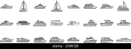 Ensemble d'icônes de bateau de voyage de luxe. Collection de différents types de bateaux naviguant sur l'eau, icônes de bateau ensemble Illustration de Vecteur