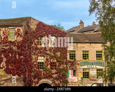 L'extérieur de Hebden Bridge Mill recouvert du feuillage rouge de Virginia Creeper en automne. L'ancien moulin est maintenant un café et un point de vente au détail. Pont Hebdon Banque D'Images