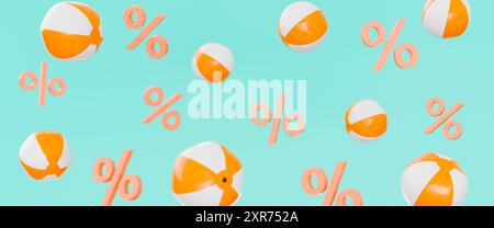 Rendu 3D de boules de plage orange et blanches entrecoupées de symboles de pourcentage de corail flottant sur un fond d'eau, concepts financiers d'été Banque D'Images