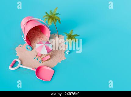 Rendu 3D d’une scène de plage ludique vue d’en haut avec un seau de sable rose renversé, un parasol rayé, des chaises de plage, et un ballon sur une île de sable Banque D'Images