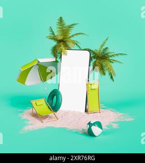 Rendu 3D d’un smartphone stylisé avec chaise de plage, parasol, palmiers et ballon de plage sur sable. Concept de vacances d'été. Banque D'Images