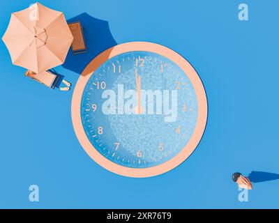 rendu 3d d'une scène surréaliste avec un grand cadran d'horloge texturé comme une piscine, un parapluie et une chaise longue sur un fond bleu vif. Summe Banque D'Images