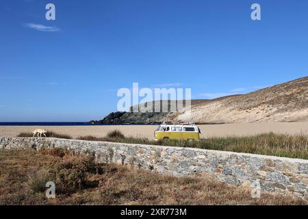 Plage solitaire de Fokos dans la partie nord de Mykonos avec Volkswagen T2 jaune Camper et chien traversant le paysage Banque D'Images