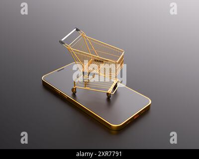 rendu 3d d'un panier doré positionné sur un smartphone de luxe. Concept de shopping en ligne et la fusion de la technologie avec le commerce Banque D'Images