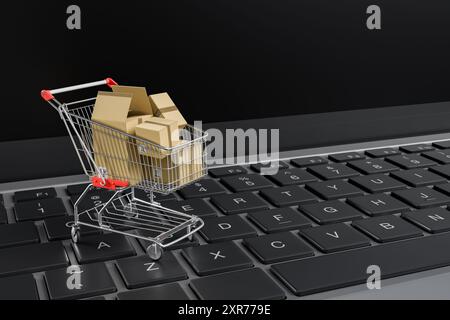 rendu 3d d'un panier rempli de boîtes en carton sur un clavier d'ordinateur noir. Concepts d'intégration et de logistique des achats en ligne. Banque D'Images