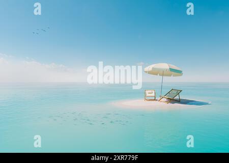rendu 3d d'une oasis de plage tranquille avec deux chaises de plage et un parasol sur un petit banc de sable immaculé entouré par la mer turquoise expansive. Tro Banque D'Images