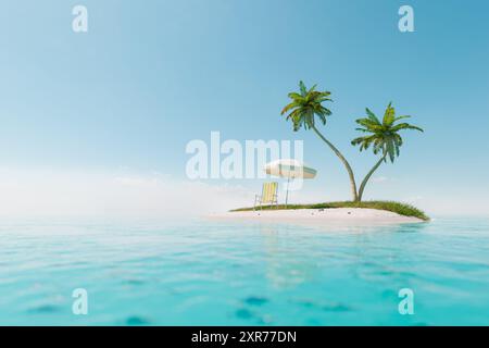 rendu 3d d'une petite île isolée avec une seule chaise de plage sous un parasol et deux palmiers contre un ciel clair. Vacances d'été reposantes c Banque D'Images