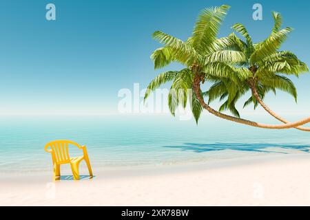 Rendu 3D d'une scène de plage tranquille avec une seule chaise jaune sous des palmiers courbés sur du sable blanc immaculé, face à la mer bleue calme et cl Banque D'Images