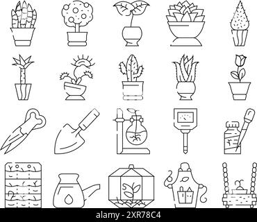 Ensemble d'icônes d'accessoires d'entretien et de plantes en pot Vector Illustration de Vecteur