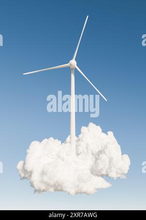 Rendu 3D d'une seule éolienne s'élevant de nuages blancs denses. Énergie propre et innovation environnementale. Banque D'Images