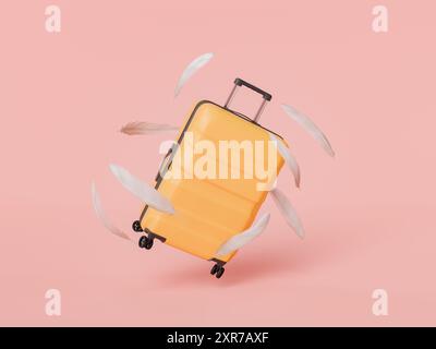 valise jaune flottant sur un fond de studio avec des plumes blanches claires autour. concept de bagages légers, enregistrement des bagages et voyage. 3d renderi Banque D'Images