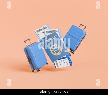 cartes d'embarquement à l'intérieur d'un passeport avec deux valises sur les côtés sur un fond de studio. concept de voyage, été et compagnies aériennes. rendu 3d. Banque D'Images