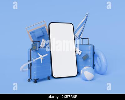 Rendu 3D d’un concept de voyage estival comprenant une valise, un ballon de plage, un anneau de natation, un avion modèle, une chaise longue, passeport, cartes d'embarquement, et un smar Banque D'Images