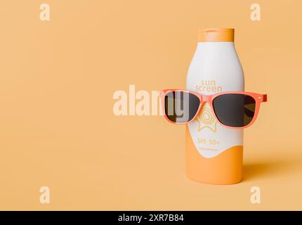 Une bouteille de crème solaire avec étiquette SPF 50 jumelée avec des lunettes de soleil orange élégantes sur un fond pêche. Concept de sécurité solaire et ambiance de vacances. 3e réf Banque D'Images