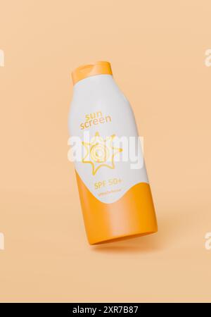 Flacon de crème solaire blanc avec étiquette SPF 50 et bouchon orange, posé sur un fond de pêche uniforme. Soin de la peau et concept de sécurité estivale. rendu 3d. Banque D'Images