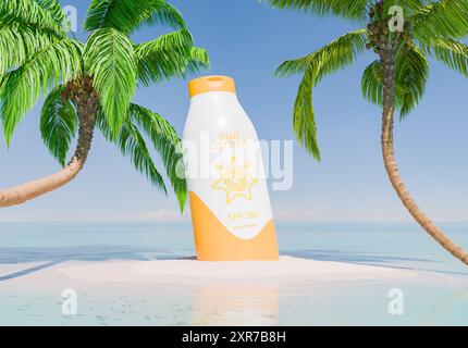 Une bouteille de crème solaire avec label SPF 50 se dresse sur une île de sable entourée de palmiers contre un ciel dégagé. Concept d'été et de protection de la peau. 3d Banque D'Images