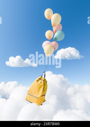 Sac à dos jaune attaché à des ballons colorés, flottant dans le ciel au-dessus des nuages. Concept fantaisiste et imaginatif de retour à l'école. rendu 3d. Banque D'Images