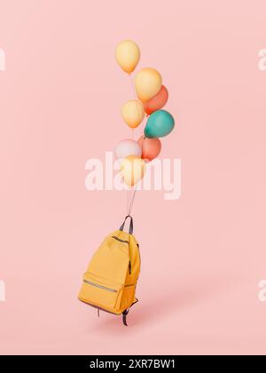 Sac à dos jaune suspendu à des ballons colorés sur un fond rose. Éducation et concept fantaisiste de retour à l'école. rendu 3d. Banque D'Images