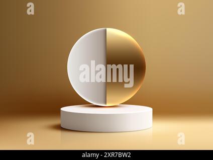 Scène de luxe moderne en 3D avec un cercle demi-or demi-blanc reposant sur un podium blanc, conçu pour les maquettes de produits haut de gamme et les affichages de salle d'exposition Illustration de Vecteur