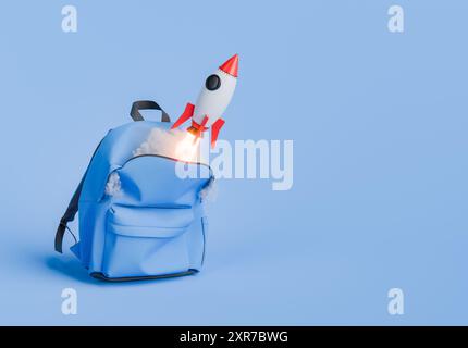 Sac à dos bleu avec une fusée lancée de l'intérieur sur un fond bleu, symbolisant l'éducation et la créativité. Arrière-plan isolé. rendu 3d. Banque D'Images