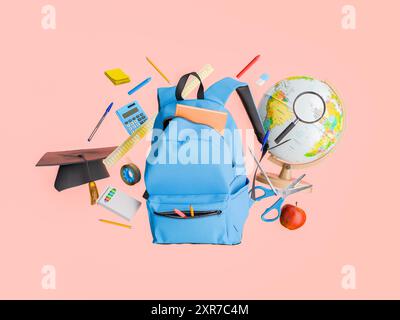 Un sac à dos bleu entouré de fournitures scolaires flottantes comprenant un globe, une casquette de remise des diplômes, une calculatrice et des articles de papeterie, sur fond rouge. Concep Banque D'Images