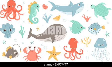 Animaux marins mignons, créatures sous-marines, poissons Illustration de Vecteur