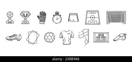 Icône du football. Ensemble vectoriel d'icônes de football dans le style de ligne noir et blanc, y compris les trophées, l'équipement, le terrain et l'équipement d'arbitre. Illustration de Vecteur