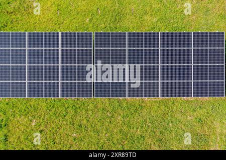 Panneaux solaires disposés en rangées, sur un champ d'herbe. Banque D'Images