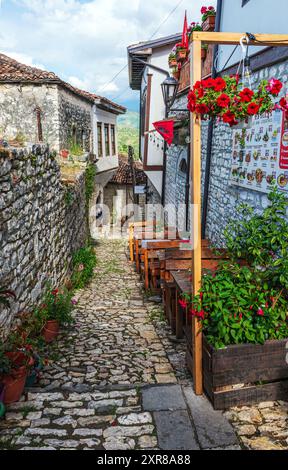 Berat, Albanie, maisons et rues à l'intérieur du château de Berat, également connu sous le nom de Citadelle de Berat (Albanie : Kalaja e Beratit). Banque D'Images