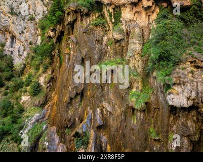 Vue aérienne des gorges de Collegats et de la formation rocheuse de L'Argenteria (Pallars Sobirà, Lleida, Catalogne, Espagne, Pyrénées) Banque D'Images