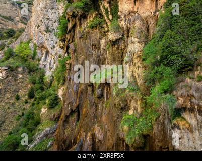 Vue aérienne des gorges de Collegats et de la formation rocheuse de L'Argenteria (Pallars Sobirà, Lleida, Catalogne, Espagne, Pyrénées) Banque D'Images