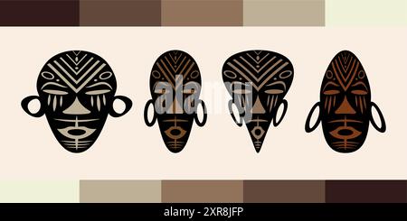 Masques africains conception ethnique tribale, set collection masque rituel primitif des sauvages. Bannière de gravure vintage de design Art. Aztec Afro Indian Maya Illustration de Vecteur