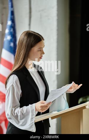 Teenage Girl prend la parole depuis un podium lors d'une conférence des Nations Unies Model. Banque D'Images