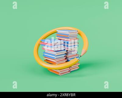 Le crayon jaune géant encercle une grande pile de livres colorés, symbolisant le concept d'éducation et de retour à l'école. rendu 3d. Banque D'Images