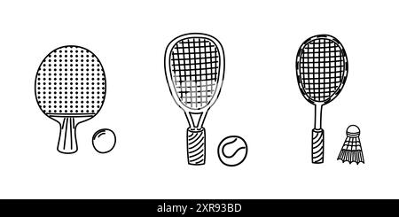 Ensemble d'icônes de badminton, ping-pong tennis de table et raquettes d'haltérophilie avec balle. Icônes dessinées à la main pour les sports actifs. Illustration de Vecteur