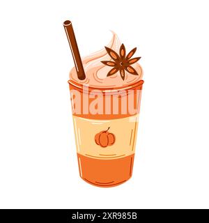 Café de citrouille épicé dans une tasse jetable, surmonté de crème fouettée, paille et anis étoilé. Boisson confortable d'automne d'octobre dans le style de bande dessinée. Vecteur Illustration de Vecteur