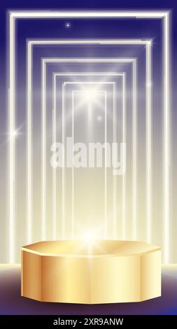 Podium d'or scène 3d stand en vecteur avec cadre lumineux pour les maquettes, démonstration, publicité, marchés Illustration de Vecteur