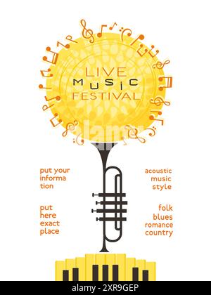Affiche vectorielle de conception minimale du Festival de musique live de la saison d'automne. Piano, silhouette de trompette, illustration de dessin animé d'arbre d'automne. Concert du Fest de musique d'automne Illustration de Vecteur