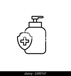 Icône de ligne de bouteille de désinfectant pour les mains. Bouteille de désinfection d'alcool avec icône linéaire de pompe. Gel désinfectant ou liquide antiseptique pour tuer les bactéries, les champignons et VI Illustration de Vecteur