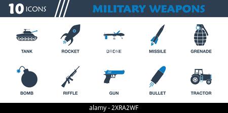 Jeu d'icônes d'arme militaire. Collection de char de guerre, fusée, drone, missile, grenade, bombe, pistolet, balle et plus d'icônes. Illustration vectorielle plate modifiable Illustration de Vecteur