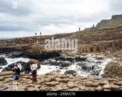 Des gens prenant des photos des pierres. La chaussée des géants et la côte de la chaussée des géants sont une zone d'importance géologique mondiale sur la côte maritime de l'Irlande du Nord. Les 40 000 colonnes de basalte laissées par les éruptions volcaniques il y a 60 millions d’années ont attiré des millions de touristes au fil des ans. La chaussée des géants est l'attraction touristique la plus populaire de toute l'Irlande, au nord ou au sud. Banque D'Images