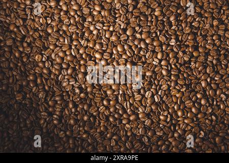 Grains de café torréfiés photographie rapprochée, vue de dessus Banque D'Images