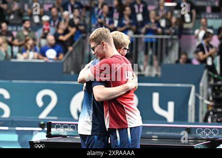 Paris, France. 09 août 2024. Tennis de table France v Jeux olympiques d'été Japon-Paris 2024, Paris 2024, Paris, France le 9 août 2024. Photo de David Niviere/ABACAPRESS. COM Credit : Abaca Press/Alamy Live News Banque D'Images