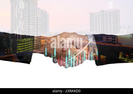 Exposition de deux poignées de main d'affaires pour le succès de l'accord d'investissement et de la nuit de la ville fond, travail d'équipe et concept de partenariat, finance et inves Banque D'Images