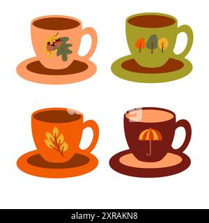 Tasses saisonnières colorées sur soucoupes présentant différentes conceptions de la nature pendant l'automne Illustration de Vecteur