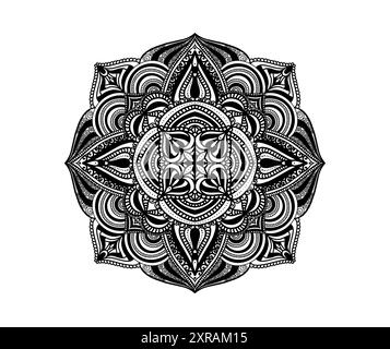 Mandala noir rond sur fond isolé blanc. Mandala avec des éléments floraux. Modèle de yoga et de méditation. Mandala pour coloriage Banque D'Images