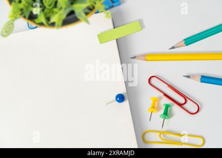 Informations importantes présentées sur une table avec des stylos, des cahiers, des trombones et des notes autour des informations importantes affichées sur une table avec des pinces, p Banque D'Images